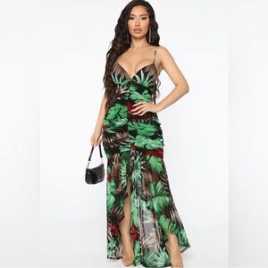 Fashion Nova Tropical Leaf Maxi Dress - Green and Red